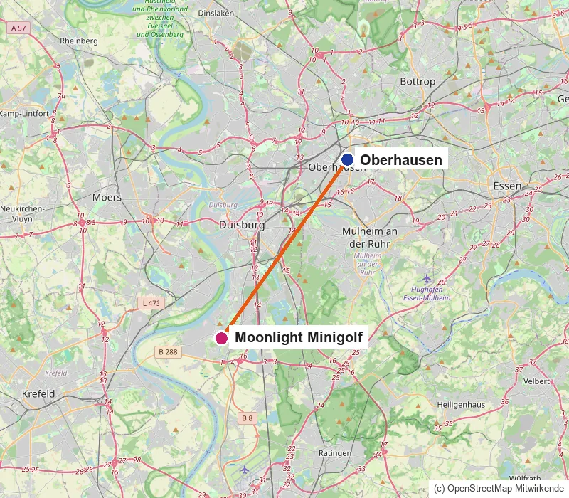 Karte mit Oberhausen im Norden und dem Moonlight Minigolf im Süden von Duisburg